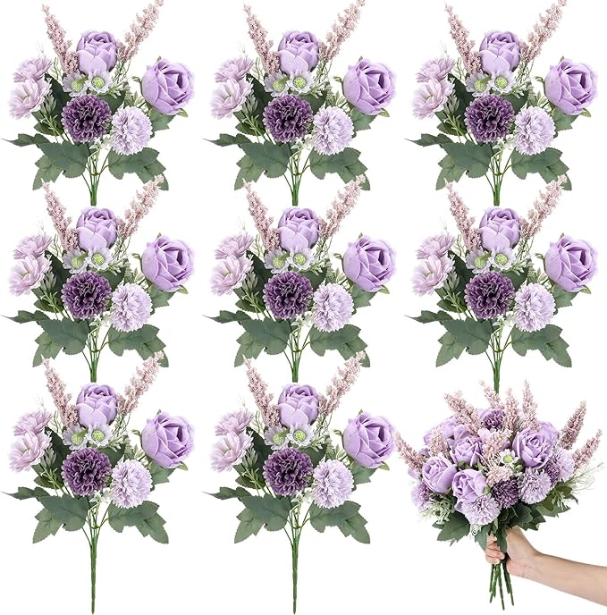 Zeyune 8 Pcs Wedding Silk Flowers Fake Silk Flowers Faux Bouquet Hydrangea Bouquets for Wedding Birthday Party Table Centerpieces Home Decoration (Purple,Rose)
