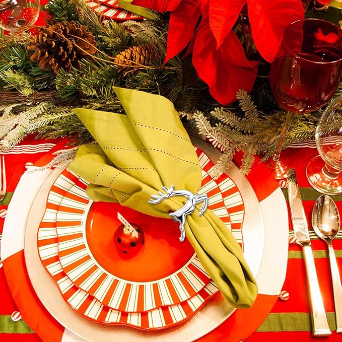 ZeeDix Silver Reindeer Christmas Napkin Rings Set of 12, Napkin Holder Ring for Christmas Dinner Table Decor Cloth Napkins, Wedding Receptions, Holiday Party, Banquet and Home Kitchen