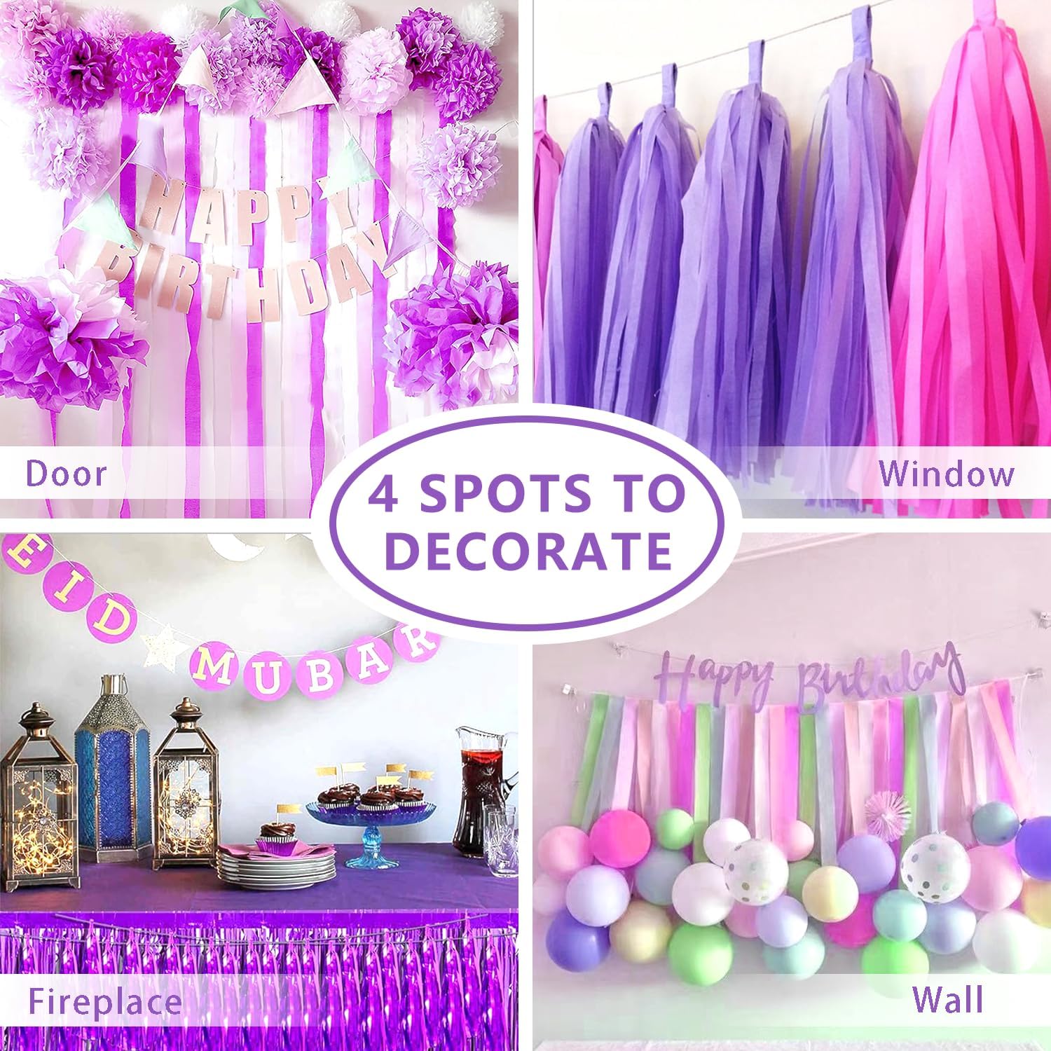 PIGETALE Crepe Paper Streamers 4 Rolls 328ft, Pack of Unique 3 Purple and White Party Streamer for Birthday Wedding Ceremony Baby Shower Party Decorations DIY Supplies Art Crafts (1.8Inch x 82Ft/Roll)