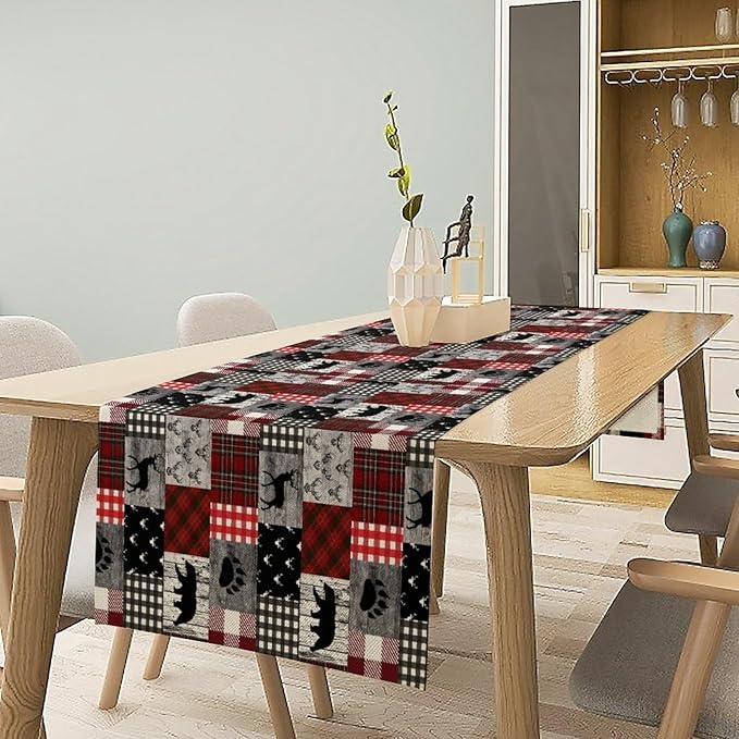 Rustic Farm Table Runner,Vintage Woodland Deer Bear Animal Buffalo Plaid Print Tablecloth Burlap for Hotel Indoors Outdoor Dining Room Kitchen Home Decor,W13X L36 in