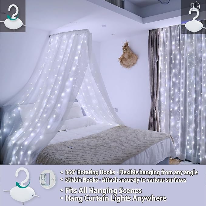 HXWEIYE 300LED Fairy Curtain Lights, 9.8x9.8Ft USB Plug-in 8 Modes Christmas String Hanging Lights with Remote for Bedroom Backdrop Wedding Party Indoor Wall Decor, White