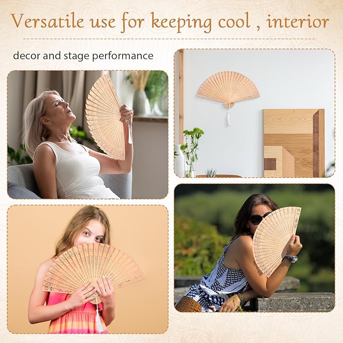 Qunclay 60Pcs Wooden Hand Fans Folding Wedding Fans for Guest Chinese Hollow Pattern with White Tassel and Gift Bag for Wedding Bridal Shower Birthday Party Favors Gift and Home Decor(Simple Style)