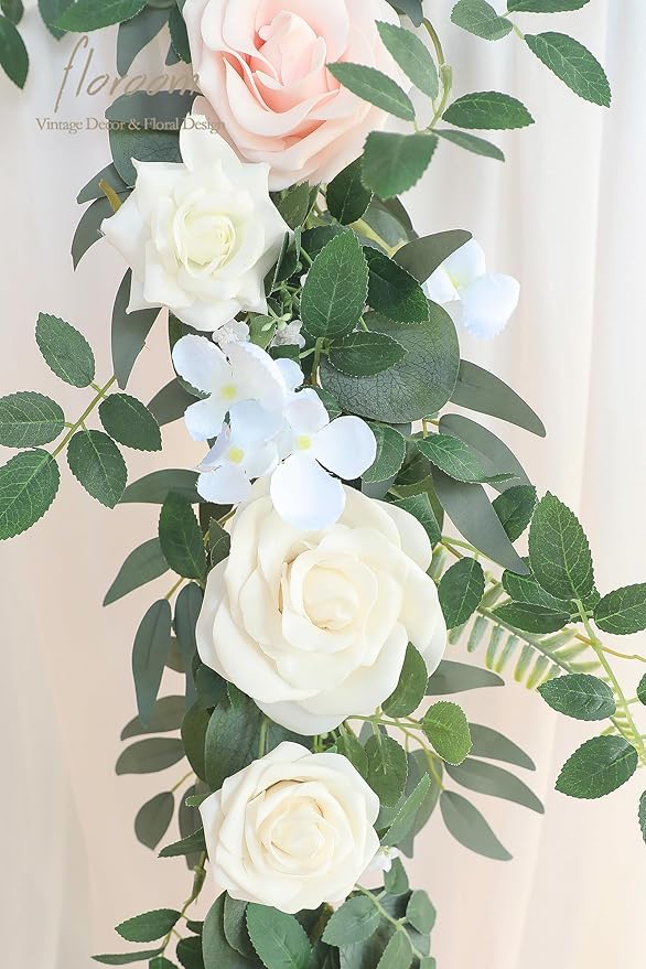 Floroom 6ft Artificial Eucalyptus Garland with Flowers Fake Greenery Faux Floral Vine Garland for Table Decor Wedding Centerpieces Bridal Shower Party Decorations, Blush Powder Blue
