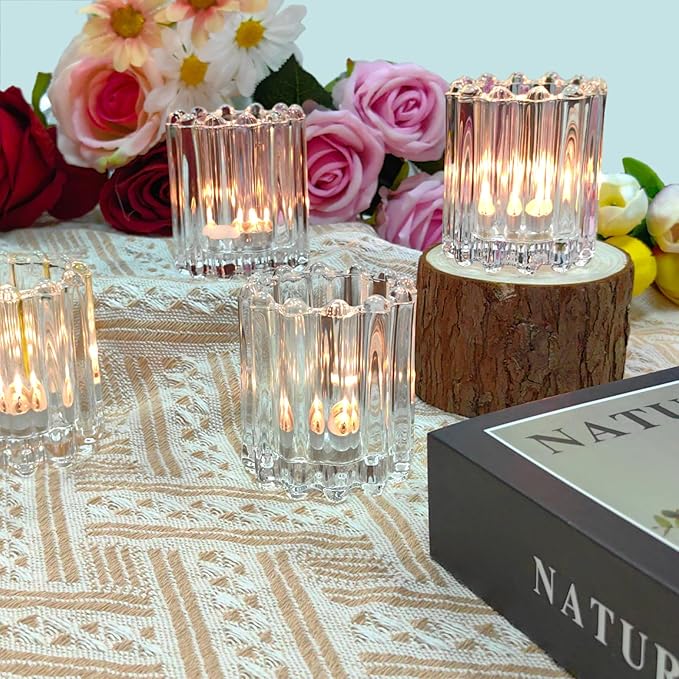 GOLDEAL 12Pcs Clear Glass Votive Candle Holders Tealight Holders Decorative, Tea Candle Holders Bulk,Candlestick for Wedding, Party,Dinner, Home Table Decor.