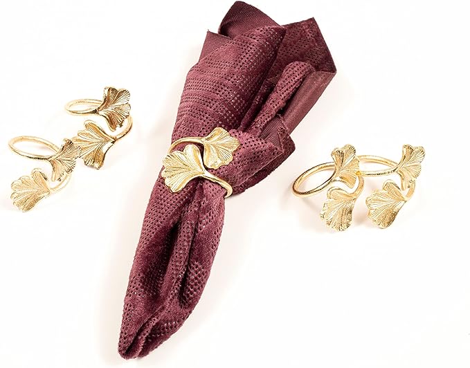 Decorative Gold Napkin Rings Set of 10 - Ginkgo Leaf Lightweight Metal Napkin Holders for Wedding Party Holiday Banquet Christmas Dinner Delicate Serviette Buckles Decor - CLEENTABLE