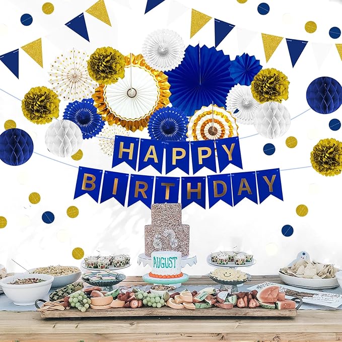 Navy Blue and Gold Happy Birthday Party Decoration 24Pcs Hanging Paper Fans, Pom Poms Flowers Garland String Polka Dot Triangle Bunting Flag Pack Happy Birthday Banner for Boy Birthday Baby Shower