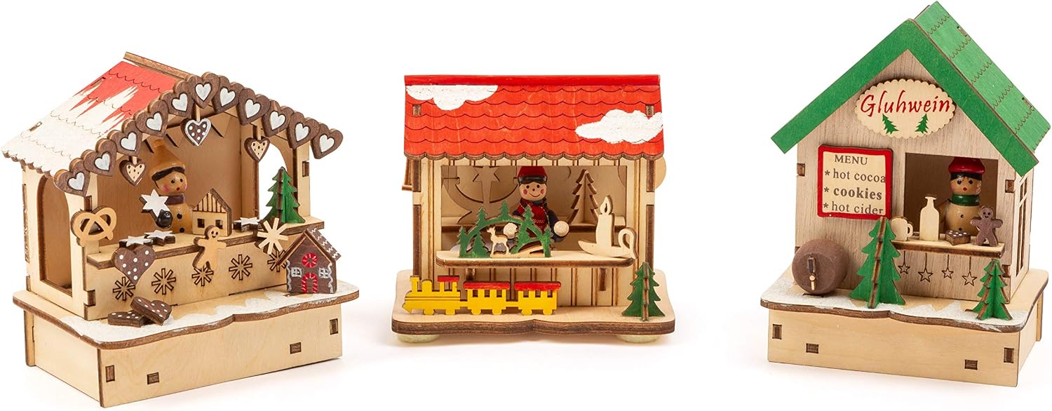 Small Foot 11390 Christmas Market Lamps Set, Made of Wood, Three Wooden Huts with Lights