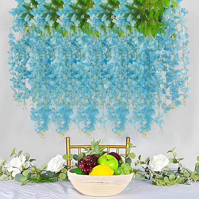 24 Pack Lake Blue Wisteria Hanging Flowers Garland, 3.77 Feet Artificial Flower Vines, Fake Wisteria, Artificial Vines Hanging Garland for Backdrop Outdoor Yard Garden Decor