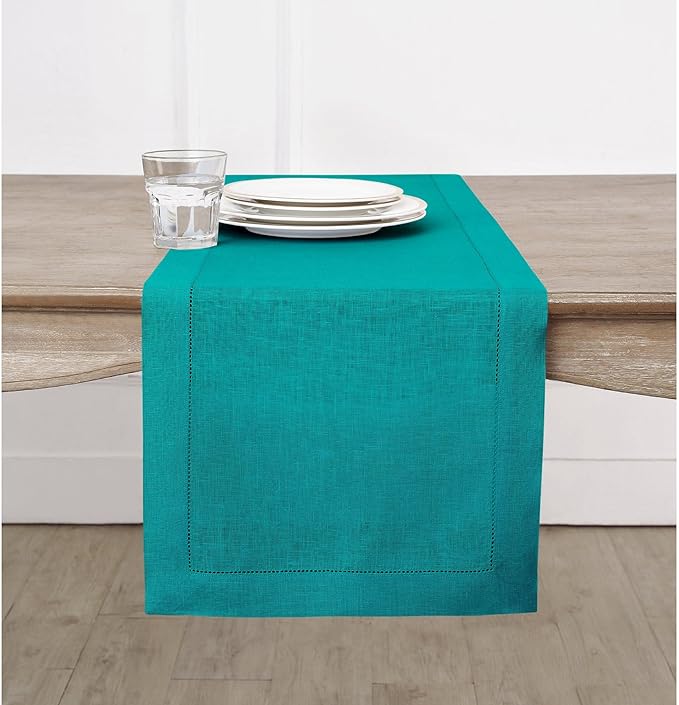 Solino Home Linen Teal Table Runner 108 Inches Long - 100% Pure Linen Hemstitch 14 x 108 Inch Table Runner for Dining, Fall, Autumn, Thanksgiving, Christmas - Classic Hemstitch