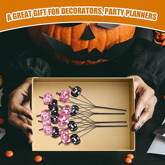 20Pcs Disco Halloween Decor, Disco Pumpkin Table Decoration, 14 Inch Artificial Glitter Mirror Pumpkin Sticks Ornament Halloween Branches for Table Centerpiece Party Decor