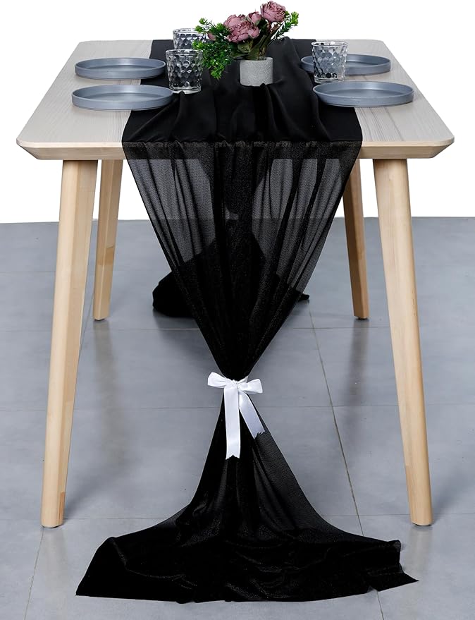 MDS Halloween Chiffon Table Runner - 10 Pack, 29 x 170 Inches, 14ft Each - Sheer Spooky Table Runners for Haunted House Parties, Trick-or-Treat Tables, Witchy Décor, Wedding & Events - Black