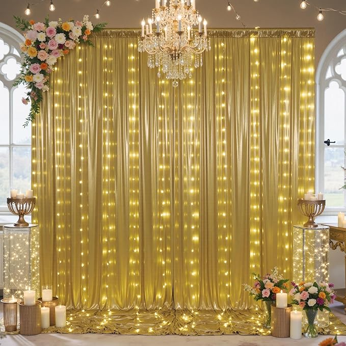 10x10 ft Gold Sequin Backdrop Curtain with Lights for Parties, Wrinkle Free Glitter Photo Backdrop Drapes Shimmer Back Drop Cloth with Light Strings for Wedding Birthday Photography Background