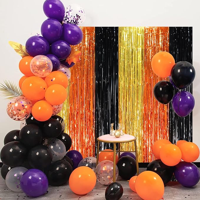 2 Pack Black Gold Orange Foil Fringe Backdrop Curtains, Tinsel Streamers Party Decorations, Fringe Backdrop, Door Shimmer for Construction or Birthday Party