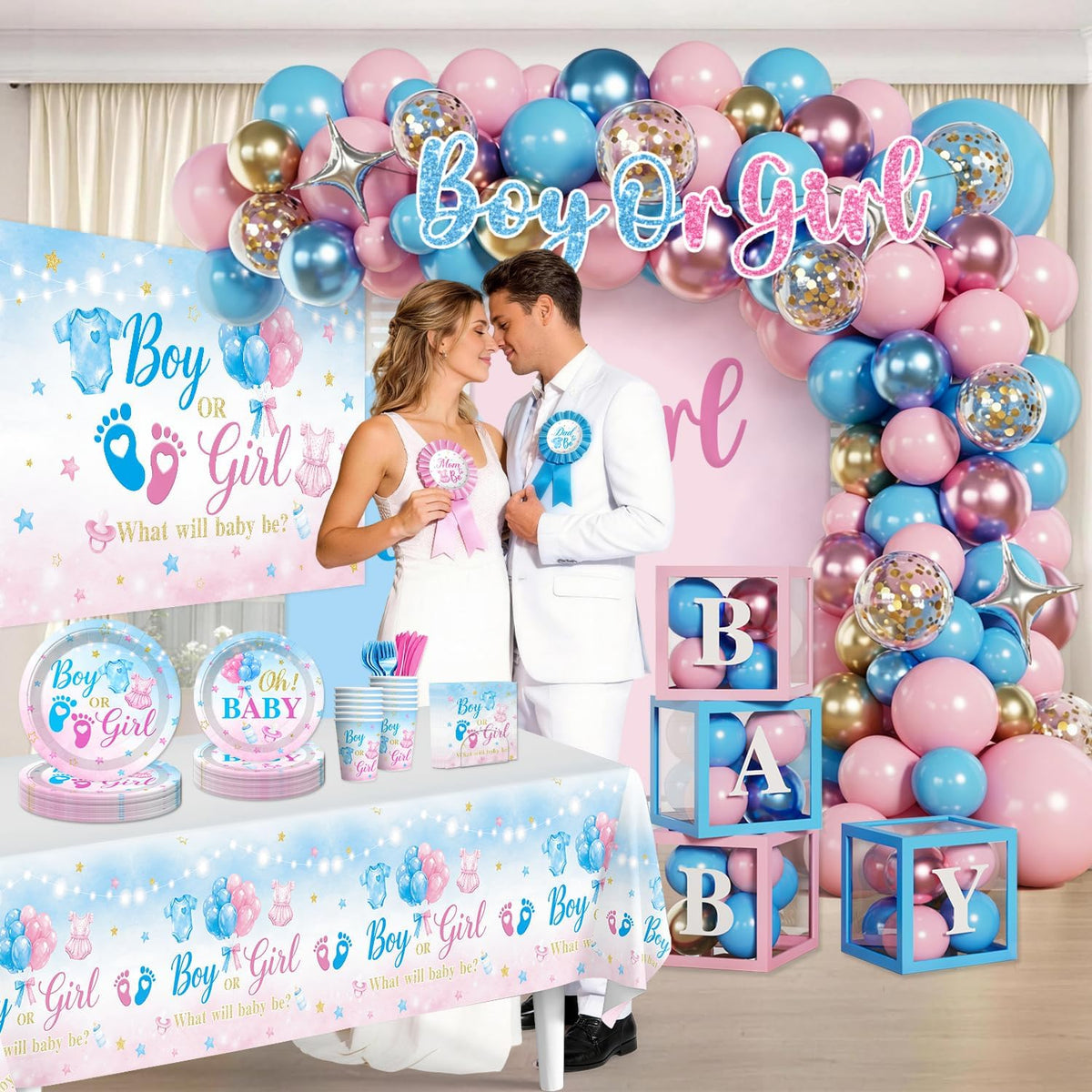 gender reveal decorations, all-in-one decor set for 25, package contents