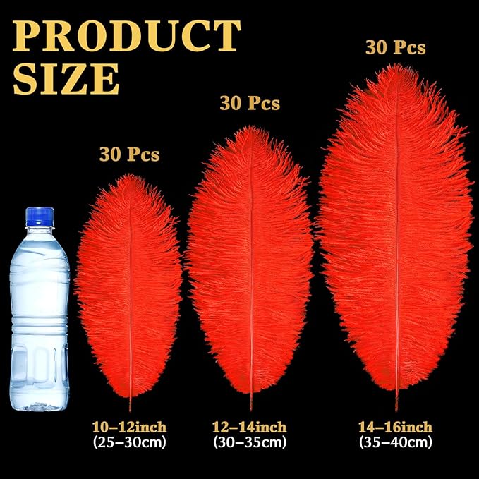 Maitys 90 Pcs Large Natural Ostrich Feathers Bulk 14-16 Inch (35-40cm) 12-14 Inch (30-35cm) 10-12 Inch (25-30cm) Ostrich Feathers Plumes for Centerpieces Wedding(Red)