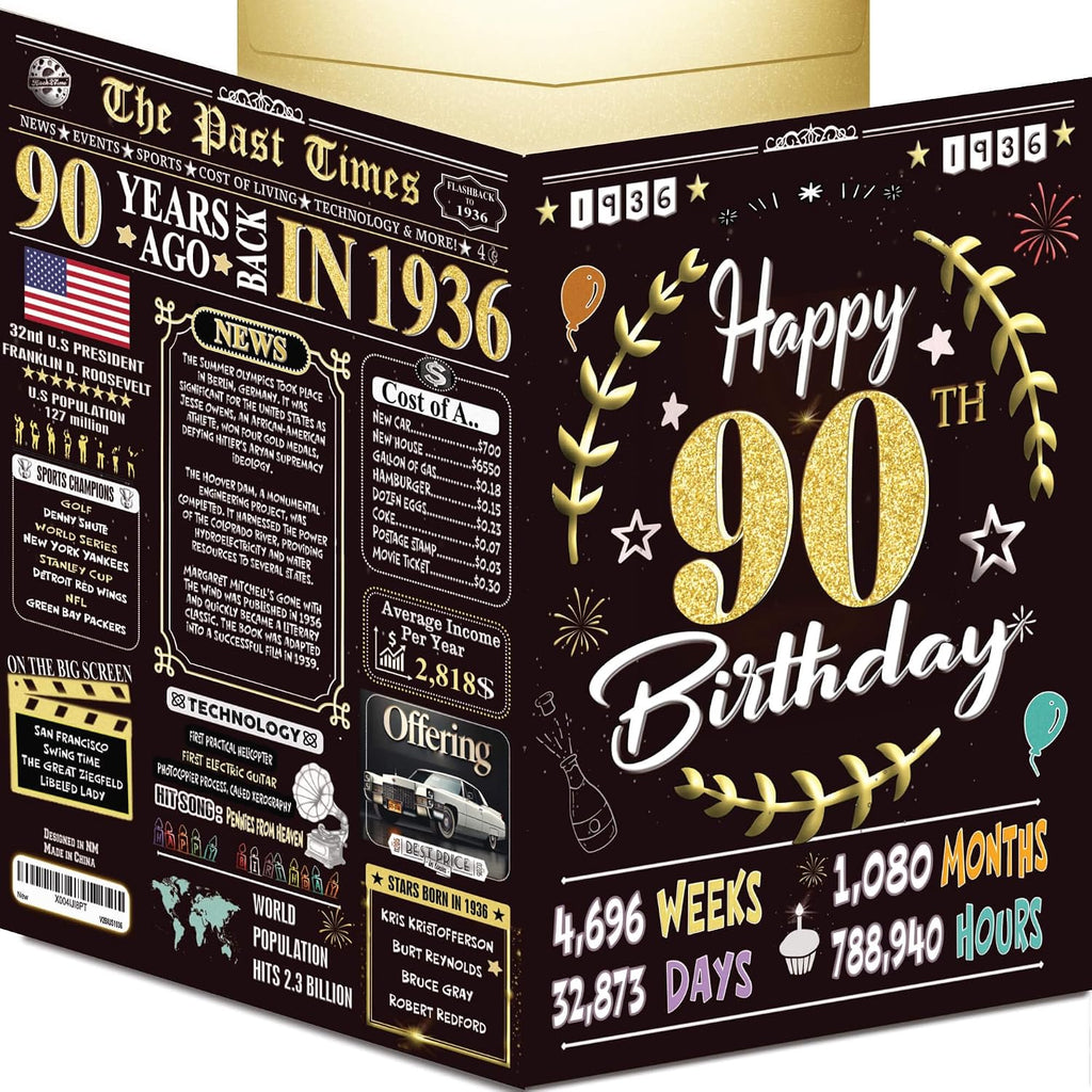 90th Birthday Card for Women Men - Back In 1936 Black & Gold - 90 Happy BIRTHDAY card - 90th birthday gift for Her Him - JUMBO size - 90th birthday decorations Dad Mom - Best gifts for 90 year old