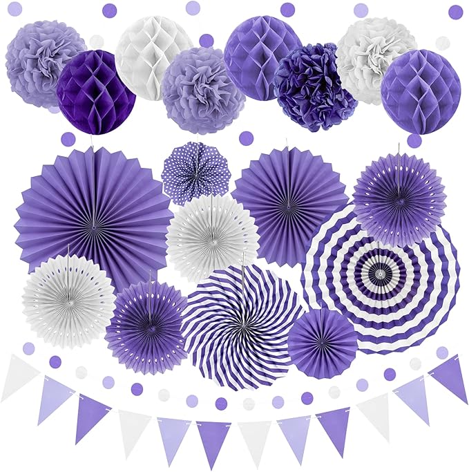 Purple Party Decorations,23Pcs Lavender Birthday Decorations with Hanging Paper Fans,Pom Poms Flowers Packs for Girls Women Birthday Party, Bridal Shower,Baby Showers,Wedding