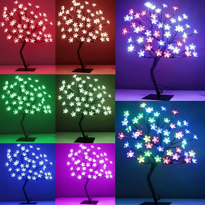 Pooqla 18 Inch 48 LED RGB Cherry Blossom Tree Light with Remote 16 Color-Changing LED Artificial Flower Bonsai Tree Table Top Lamp Home Lit Tree Centerpieces Christmas Decor