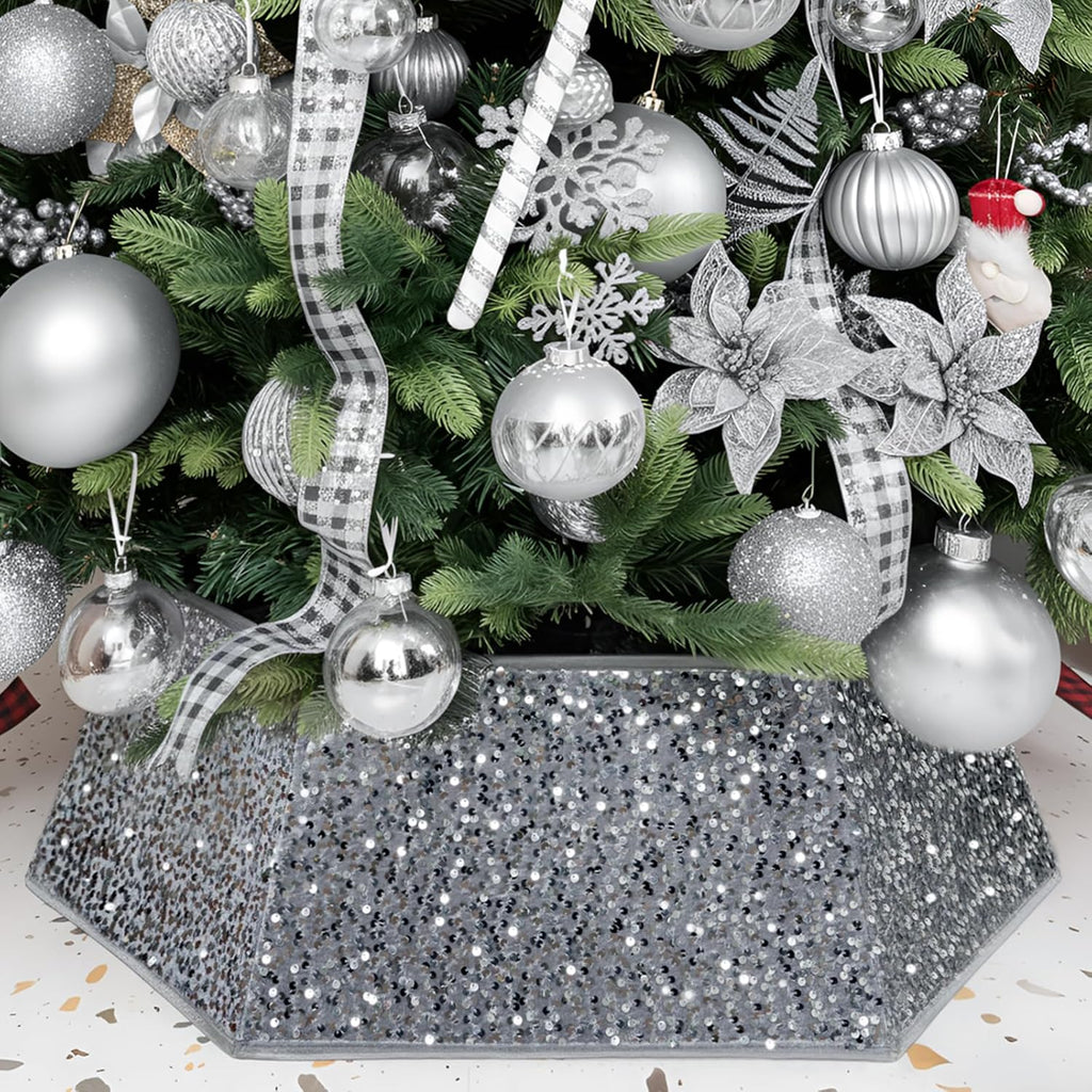 XmasExp Christmas Tree Collar, 39 inch Sequin Tree Skirt Stand Base Cover for Home Decor (Silvergrey, X-Large)