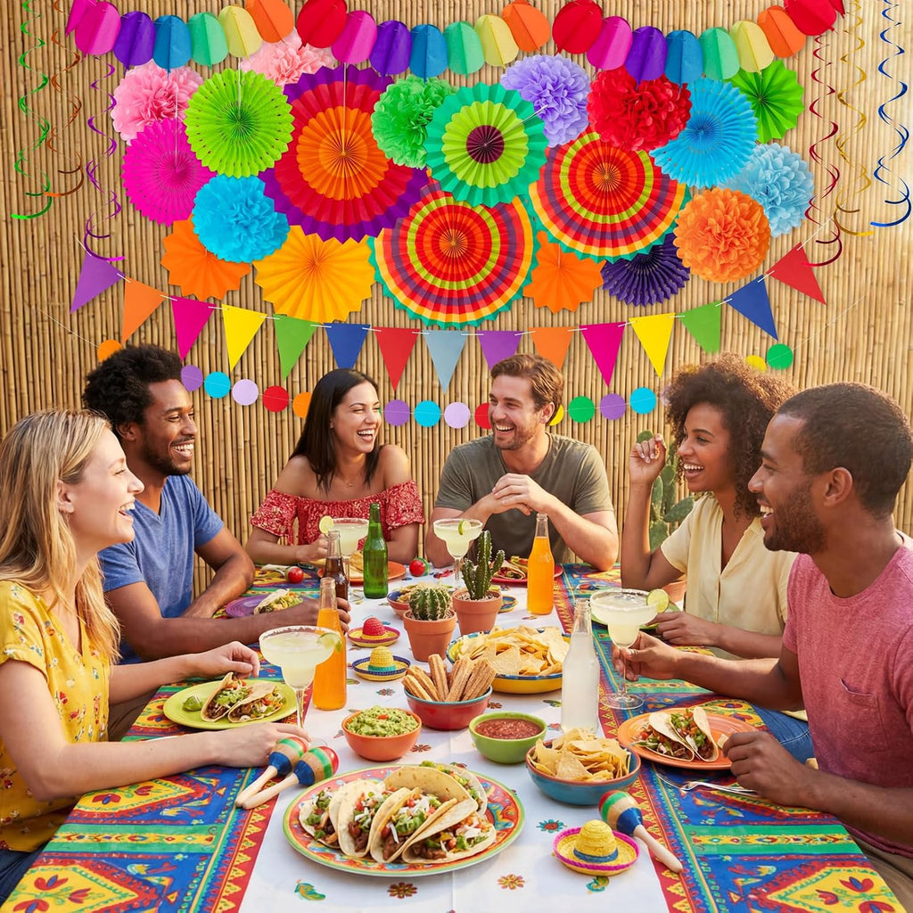 35PCS Fiesta Paper Fan Party Decorations Set | Cinco De Mayo Pom Poms, Pre-assembled Pennant, Garland String & Banner, Hanging Swirls, Hispanic Heritage Month Decor