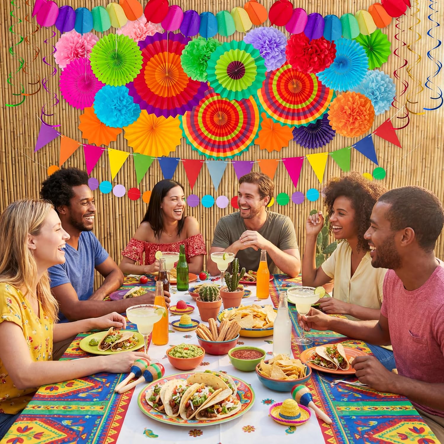 35PCS Fiesta Paper Fan Party Decorations Set | Cinco De Mayo Pom Poms, Pre-assembled Pennant, Garland String & Banner, Hanging Swirls, Hispanic Heritage Month Decor