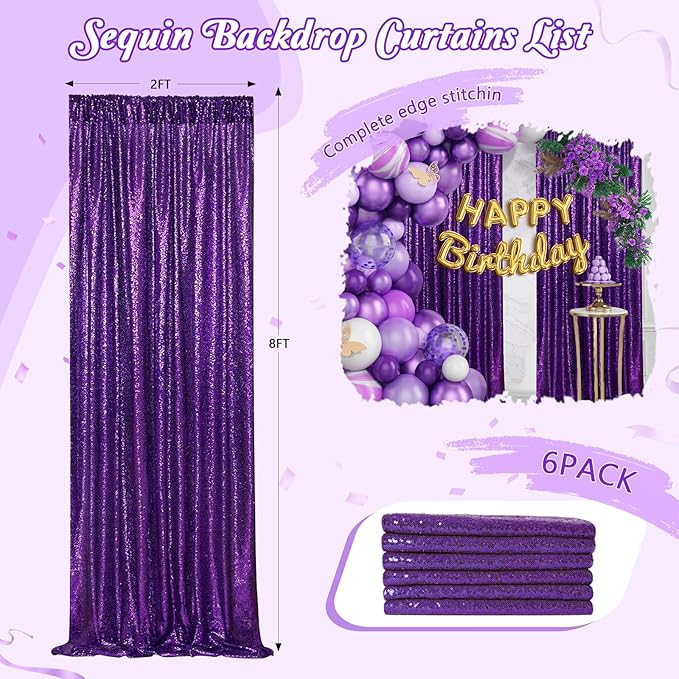 Backdrop Curtain for Halloween Decorations - Purple Sequin Curtain Backdrop 6 Pcs 2ftx8ft Birthday Wedding Stage Decor