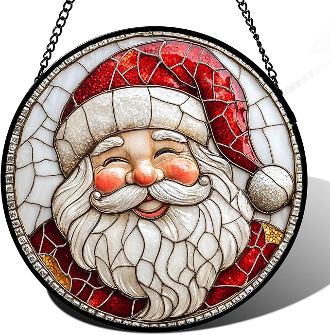 Stained Glass Window Hanging - Red White Santa Claus Suncatcher for Doors Home Christmas Decoration Winter Sun Catcher Thanksgiving New Year Birthday Gifts for Women Men Mom Nana Girl 15 in