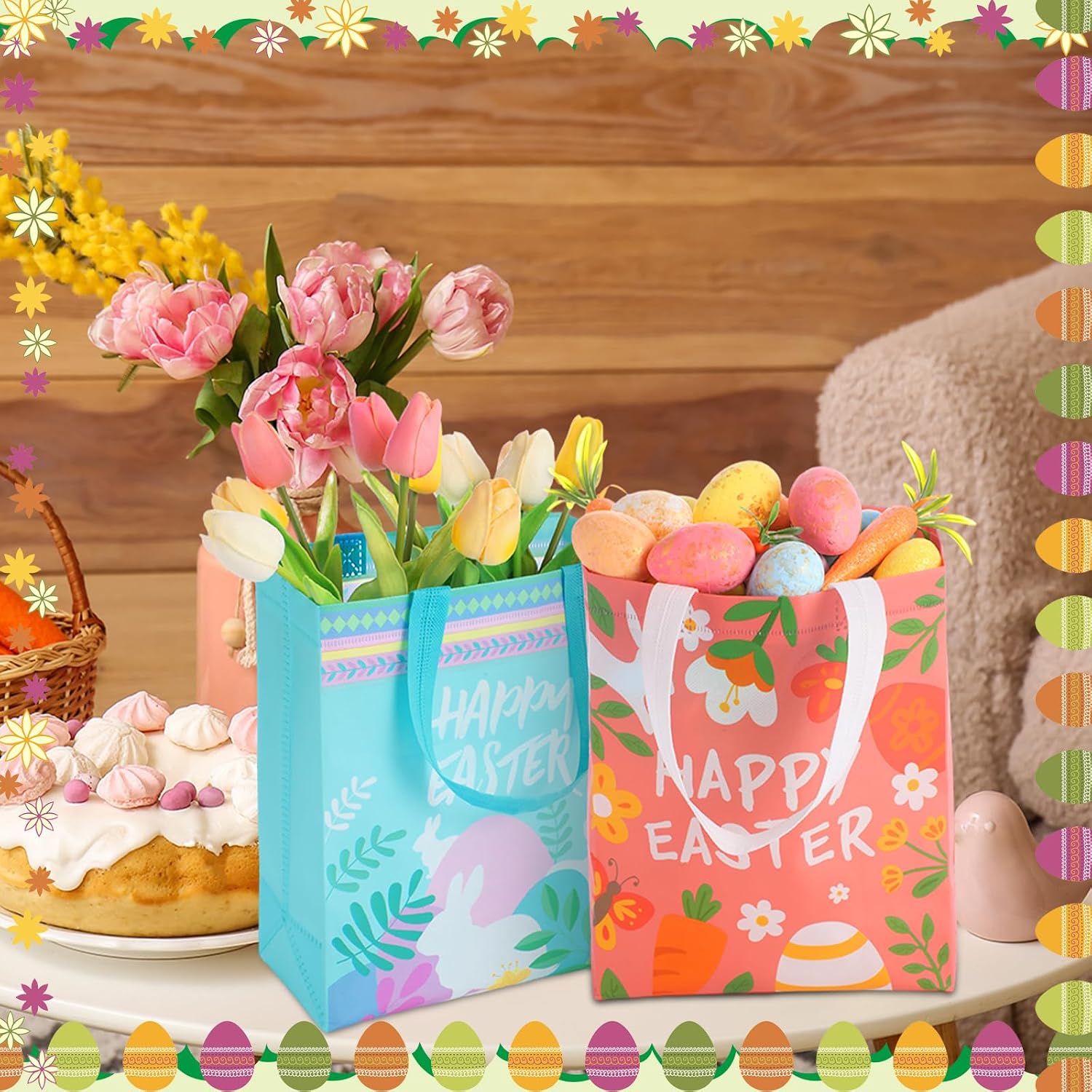 Clysee 12 Pcs Easter Gift Bags 10.2" x 8.3" Non Woven Easter Tote Bags with Handle Large Easter Bulk Treat Bags for Easter Holiday