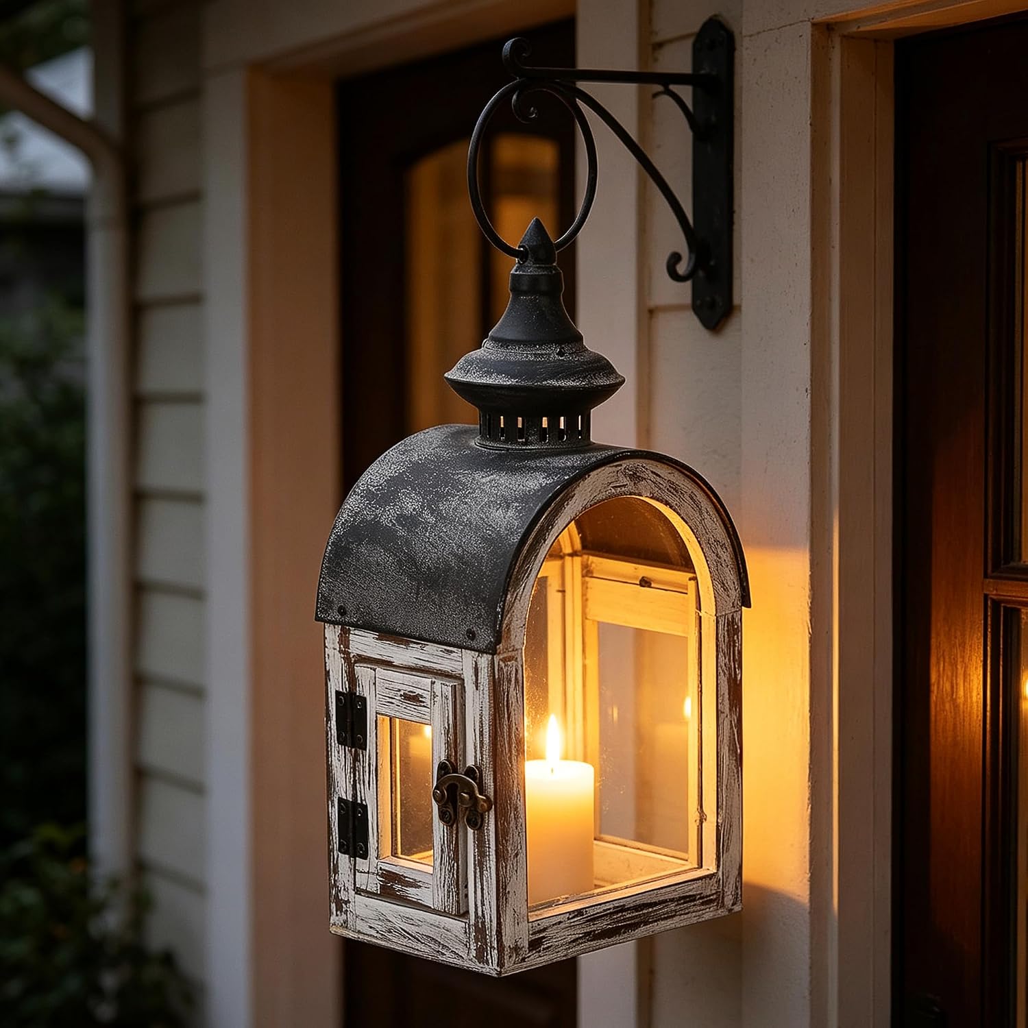 12" High Wooden Dome Lantern Made of Solid Fir Wood and Real Glass in Whitewash Finish with Grey Metal Top, Hurricane Lantern, Farmhouse Lantern (Whitewash, 6"x4.4")