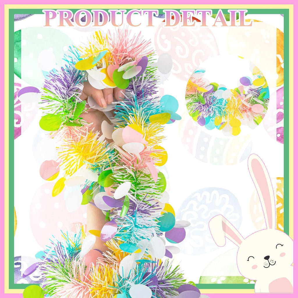 33FT Easter Tinsel Garland Colorful Easter Egg Metallic Twist Tinsel Garland with Confetti Spring Hanging Tinsel Garland Decoartion for Easter Tree Stair Mantle Party Supplies