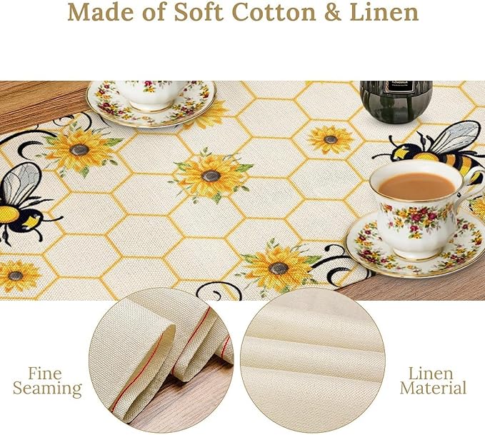 Bee Sunflower Table Runner, Farmhouse Orange Honeycomb Vintage Spring Summer Flowers Print Table Cover for Party Wedding Home Kitchen Dining Table Decor, 13x70inch