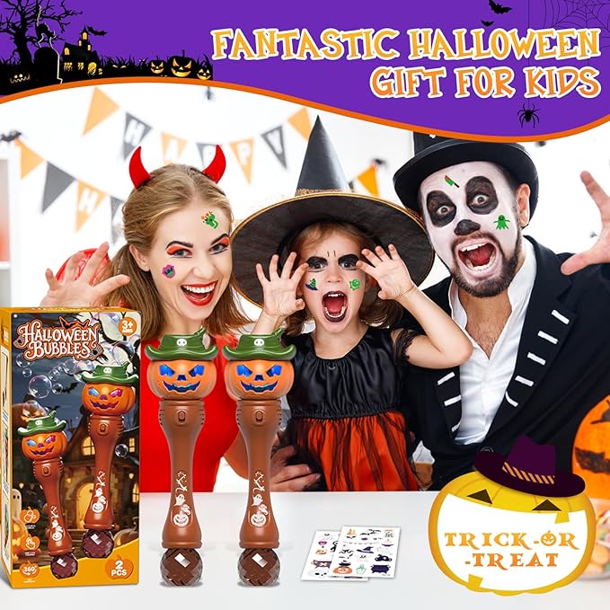 Halloween Bubble Machine Wand for Kids, Light up & Music Pumpkin Bubble Wand-2 Temporary Tattoos and 5 Bubble Solution, Halloween Boo Basket Stuffers for Toddlers Boys & Girls 3 4 5 6 7 8 + Years Old
