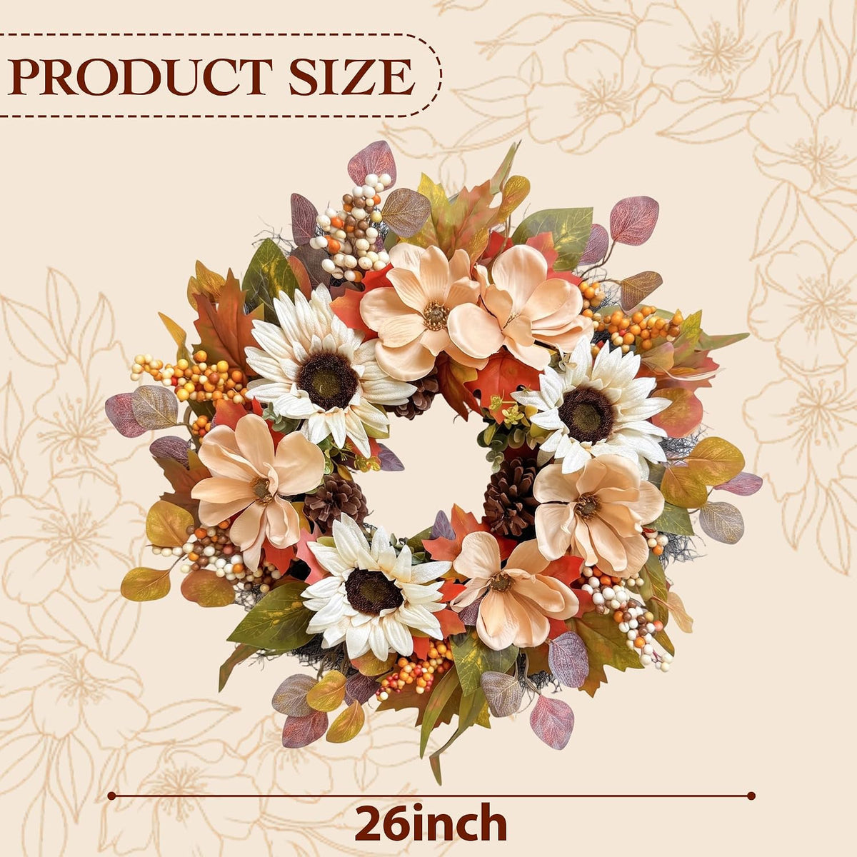 26Inch Fall Wreaths for Front Door Outside, Autumn Harvest Wreath, Large Autu...
