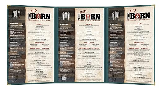 Goodsmart Pajco Style Restaurant Menu Covers – Pack of 10, Side-Load Fold-Out Menu Holders, Single Stitched Edge Clear Vinyl Menu Sleeves, Leatherette Trim Gold Corners, Green, 3 View (8.5" x 14")