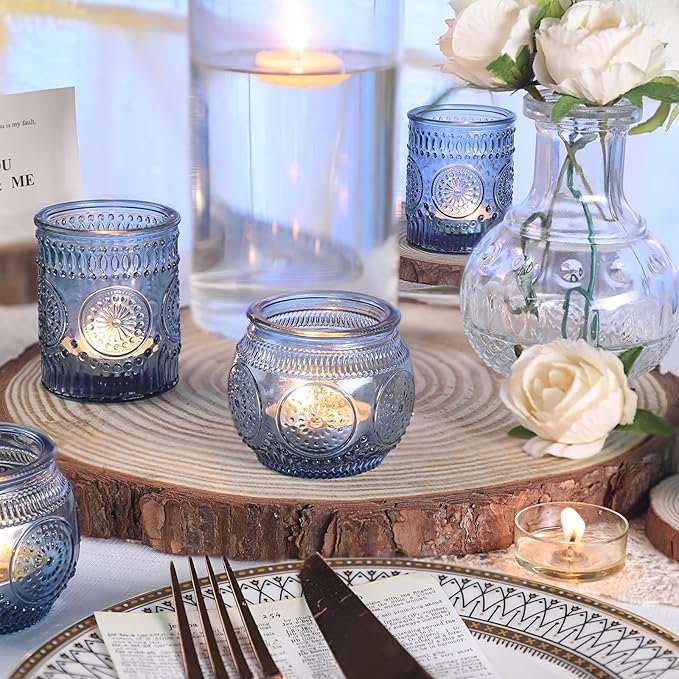 DARJEN 12Pcs Blue Votive Candle Holders - Votive Candle Holders Bulk, Glass Candle Holder for Party Decoration, Tea Lights Candle Holders for Wedding