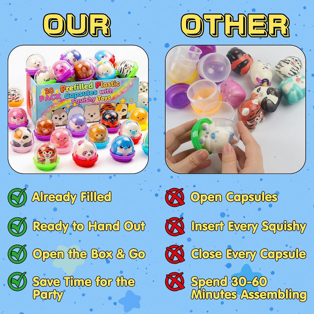 KissFree 20 Pack Animal Squishy Toys in Ready-to-Give Capsules, No Assembly Required, Party Favors for Kids, Goodie Bag Stuffers, Birthday Gifts, Pinata Fillers & Classroom Prizes