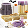 Nervure 350PCS Purple Plastic Plates - Purple Plastic Dinnerware Sets for 50 Guests - 100 Disposable Plates, 150 Gold Silverware, 50 Cups, 50 Napkins for Wedding & Party