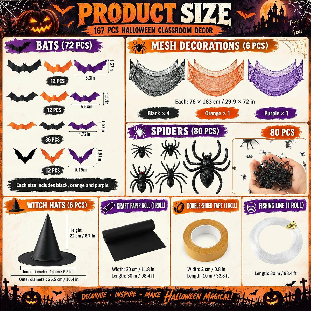 167 Pcs Halloween Themed Decorations, Spooky Halloween Classroom Party Decor ...