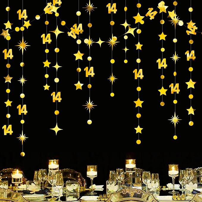 Gold 14th Birthday Decorations Number 14 Circle Dot Star Garland Metallic Hanging Streamer Banner Backdrop for Girls Boys Happy 14 Years Old Fabulous Birthday Fourteen Anniversary Party Supplies