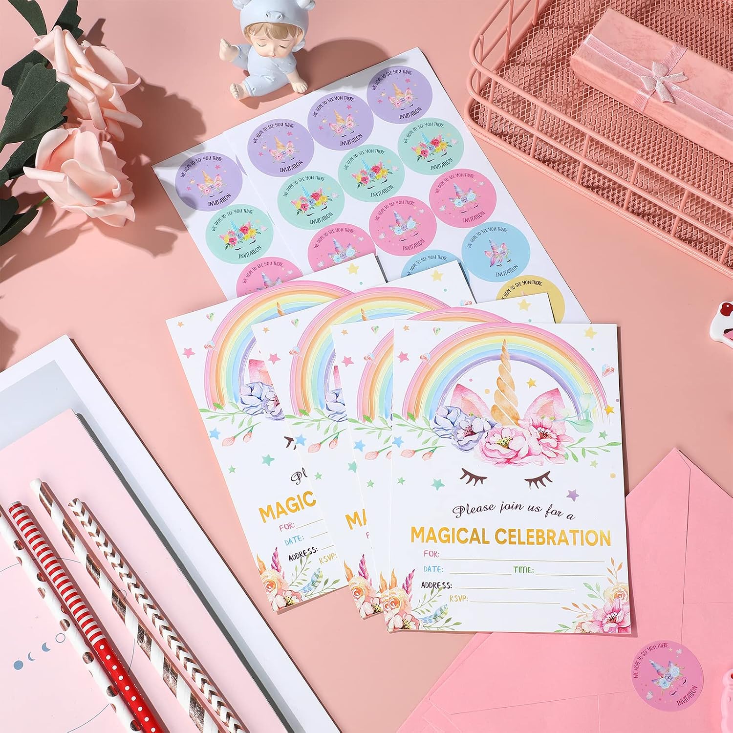 Spakon 24 Pack Unicorn Birthday Invitation for Girls Boys Party Invitation Card 24 Envelope 30 Rainbow Sticker Labels for Birthday Baby Shower Party Supplies