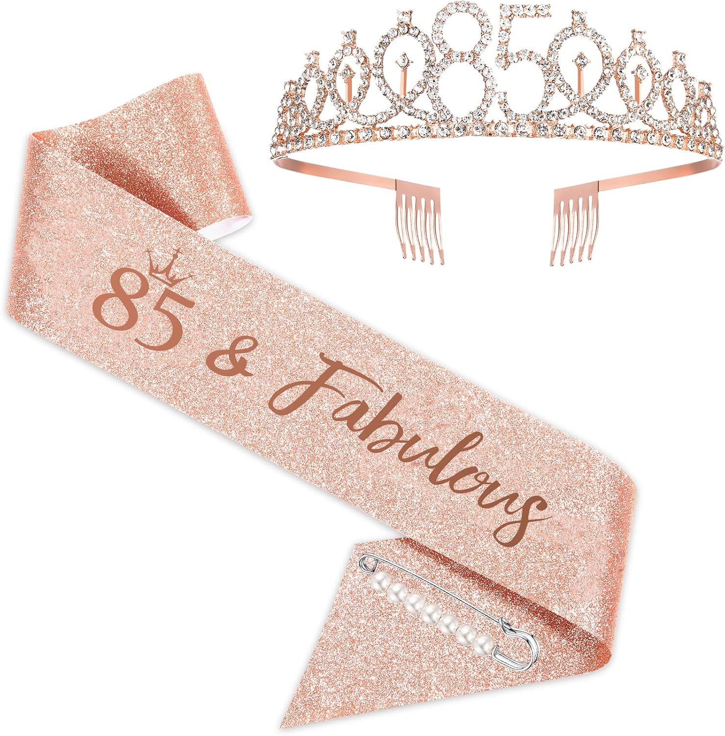 BRT Bearingshui 85th Birthday Sash, Tiara and Crown for Women - Rose Gold 85 & Fabulous Sash Set, Gifts for Happy 85th Birthday Party Favor Supplies