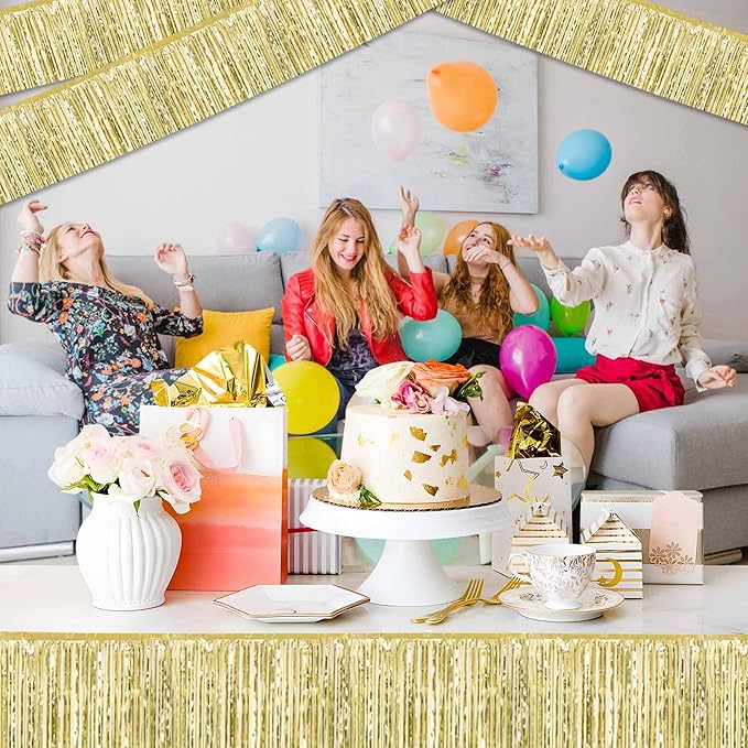 4 Pack 10 Ft Light Gold Foil Fringe Garland Metallic Streamers Tinsel Banner Wall Hanging Garland Backdrop for Parade Floats, Halloween, Christmas, Thanksgiving, New Year Party Decorations