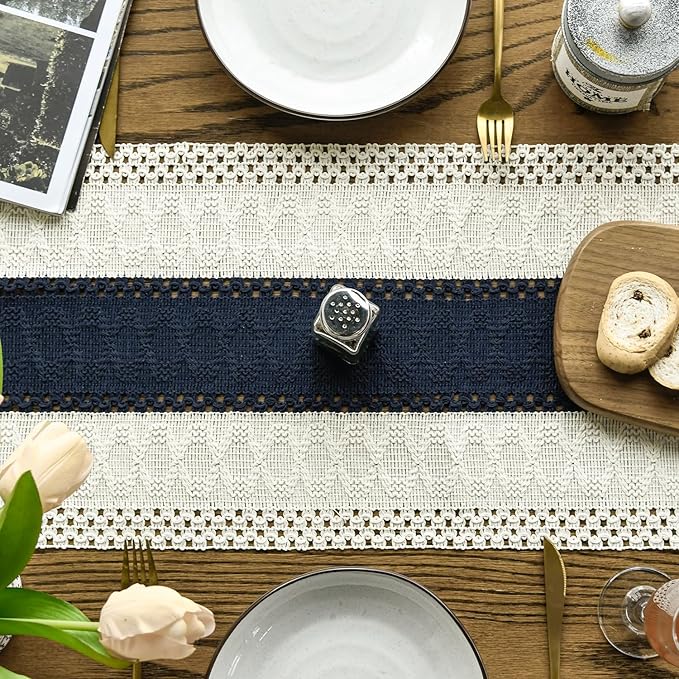 Artoid Mode Dark Blue Farmhouse Rustic Table Runner, Seasonal Holiday Hollow Kitchen Dining Table Decoration for Home Party Decor 12x120 Inch