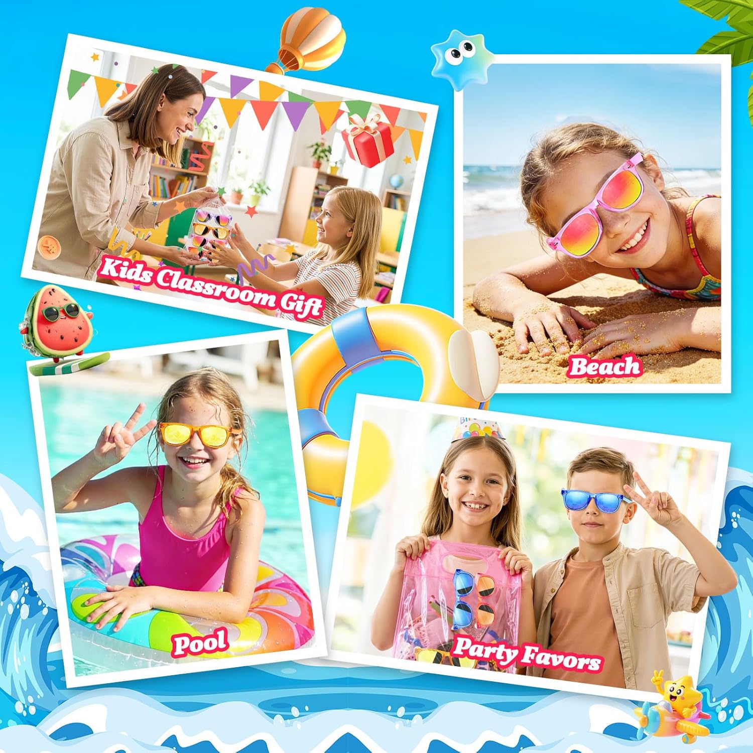 16 Pack Kids Sunglasses Bulk Party Favors - Goodie Bags Stuffers for Children Age 3-8,Boy Girl Neon Glasses with UV400 Protection,Birthday Classroom Graduation Gift,Pool Beach Party Supplies