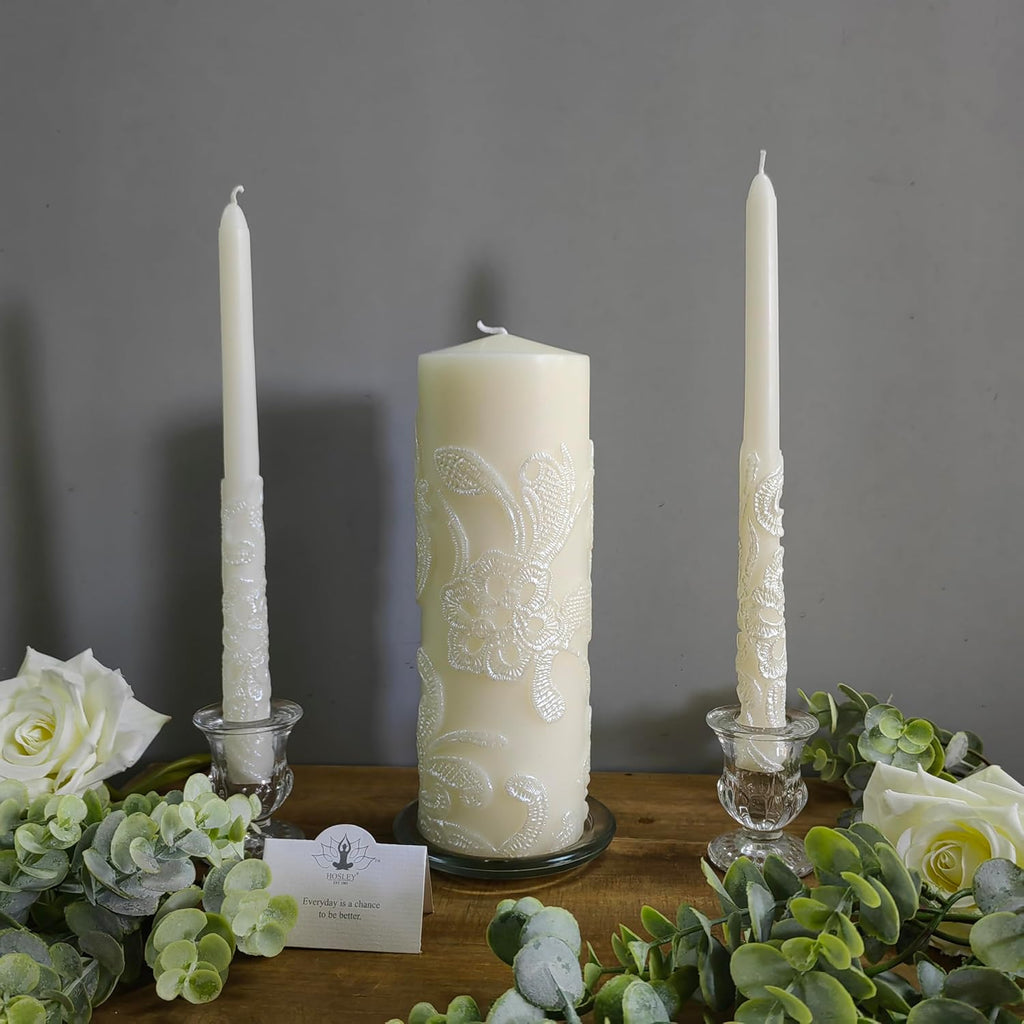 Hosley 11.50 Inch High Cream Wedding Unity Candle Set Includes 1 Pillar and 2 Taper Candles Great for Weddings as Well as Special Events and Emergency Lighting or for Reiki Spa Meditation