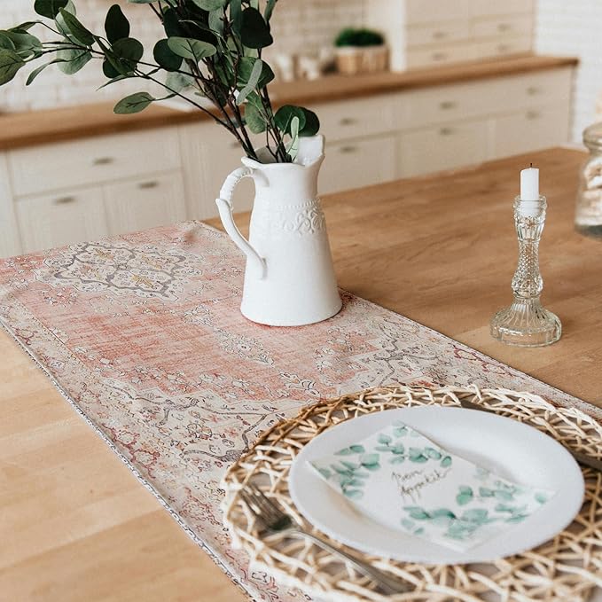 Snycler Table Runner Boho Table Runners Vintage Elegant Farmhouse Table Center Linen Decor for Home Dining Party Entrance (13x108 Inch) Light Pink