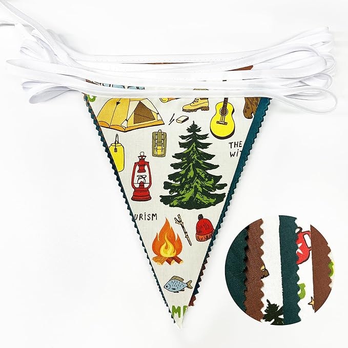 32Ft Camping Party Decorations Green Brown Camper Triangle Flag Fabric Banner Pennant Garland Streamers for Camping Birthday Glamping Baby Shower Campfire Adventure Woodland Travel Party Decor