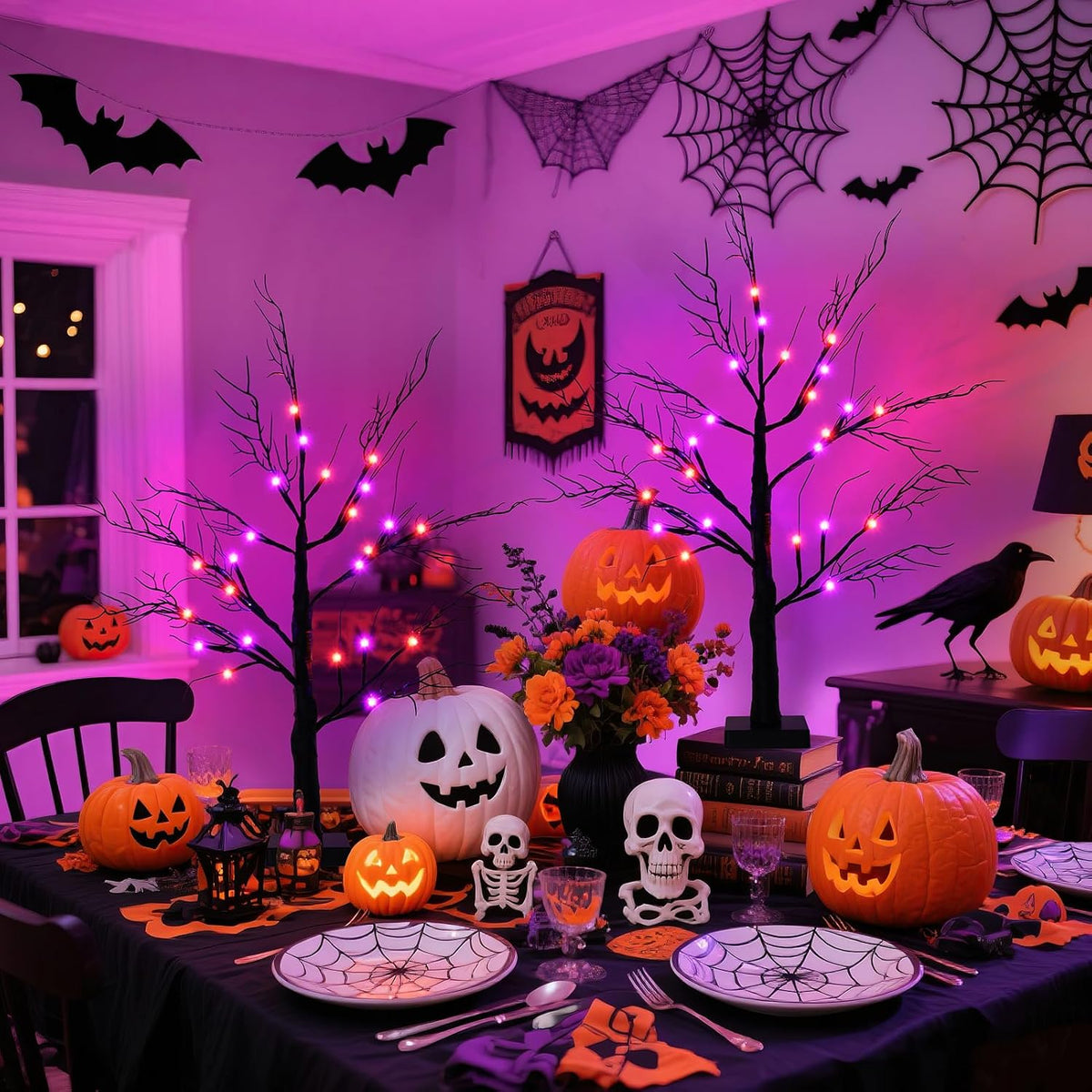 2Pack 24 Inch Halloween Spooky Tree with Lights, Lighted Tabletop Black Tree ...