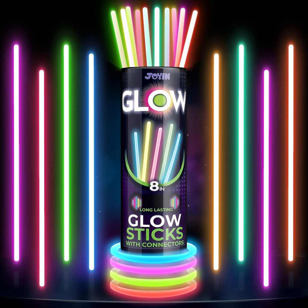 JOYIN 100 Pcs 8" Glow sticks Bulk Party Favors Pack, Neon Glow in the Dark Party Supplies, Light Up Necklaces and Bracelets with Connectors, Easter, Football, Birthday Decorations