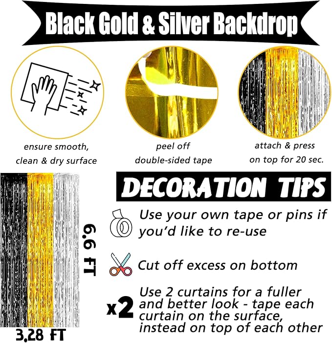 4 Pack 3.2Ft x 6.6Ft Black Gold Silver Fringe Curtain Backdrop, Metallic Tinsel Foil Fringe Streamers Curtains Background for Wedding Notorious One Birthday Roaring 20s Graduation Party Decoration
